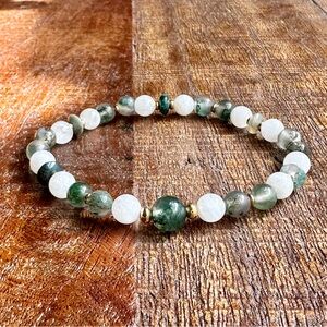 Abundant Strength Moss Agate Moonstone Crystal Bead Bracelet Green White 6mm